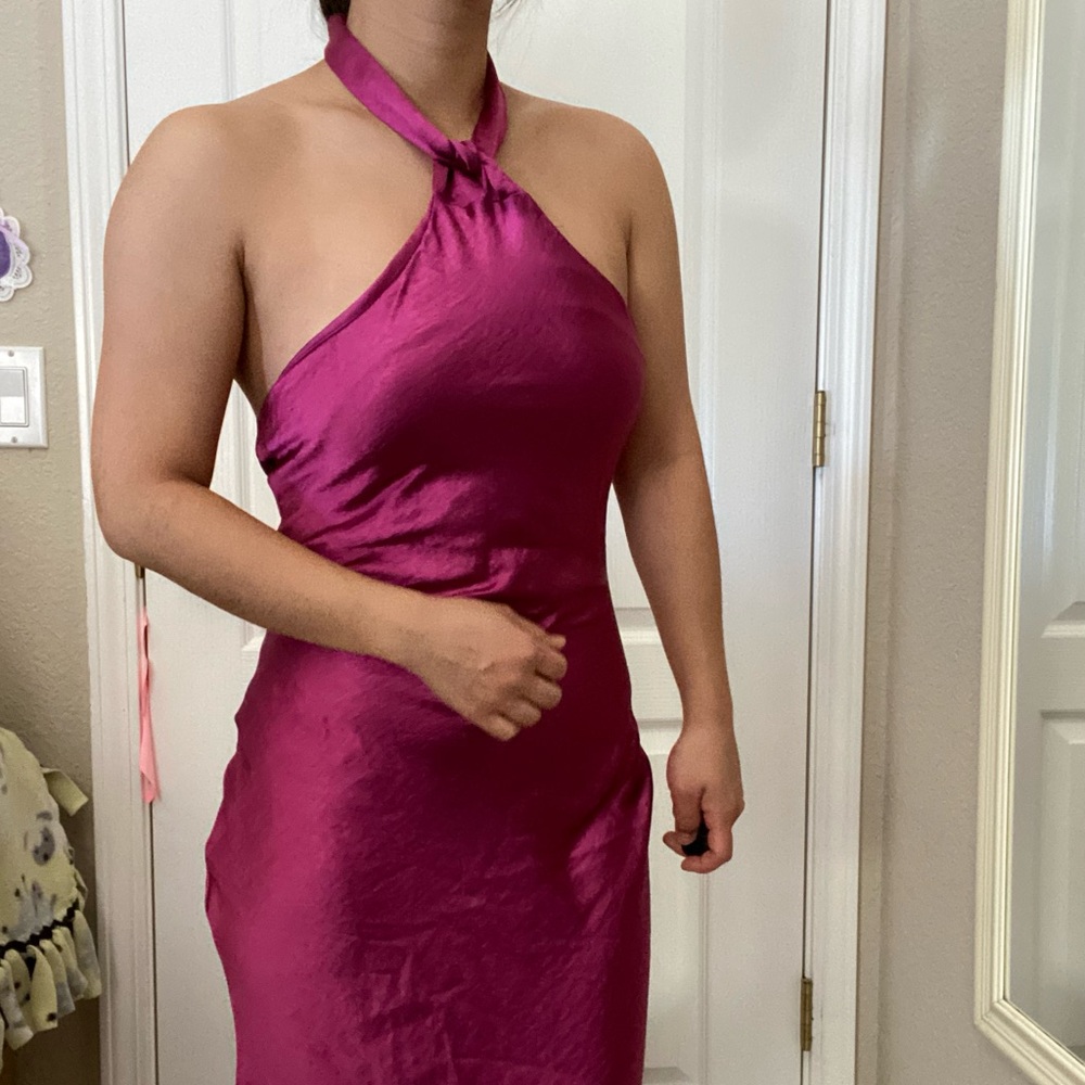 NWT Fuchsia Satin Knot Halter Maxi Dress